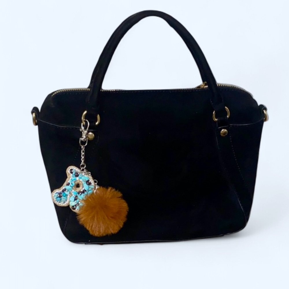 Purse charm Keychain  with  Leather B Brown  pom pom  purse charm